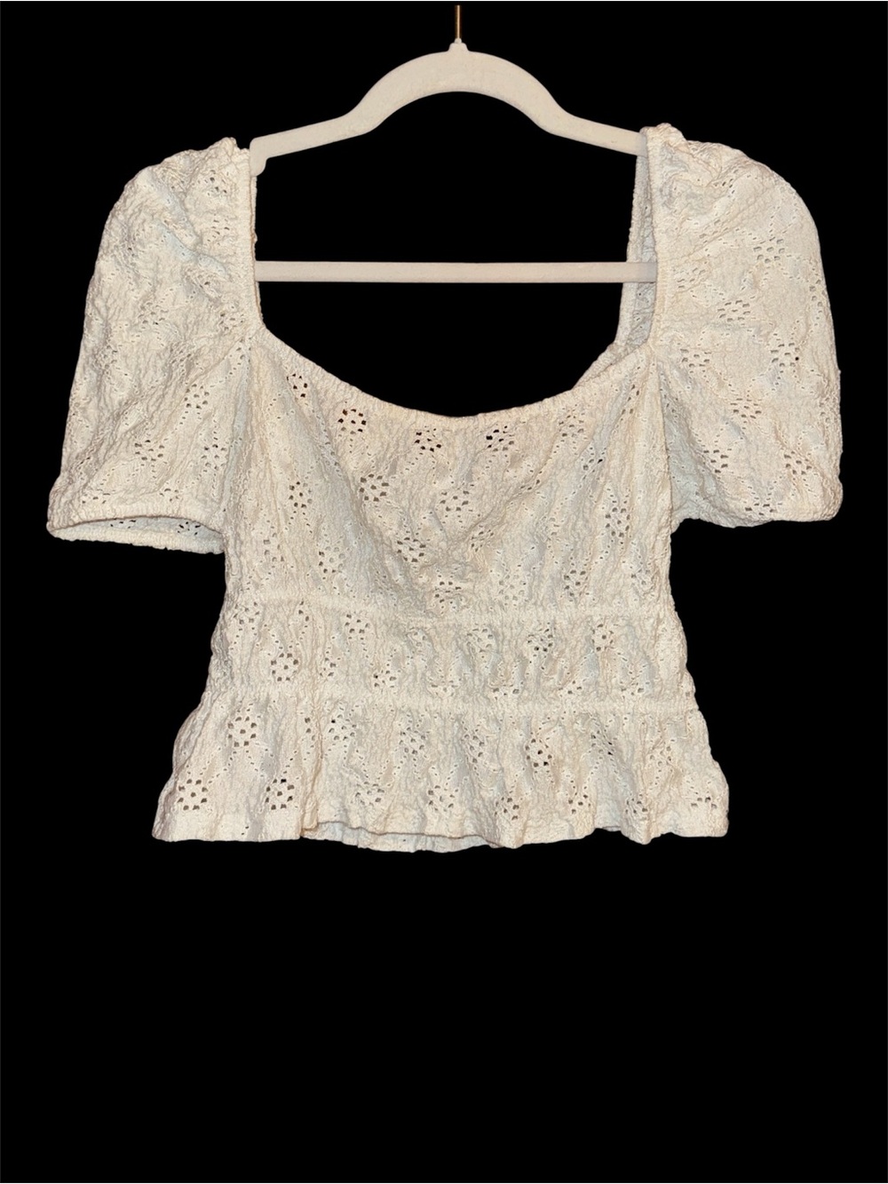 Zara White Eyelet Puff Sleeve Peplum Coquette Crop Top Size Medium